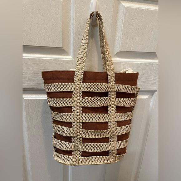 Whicker Everyday Basket Tote Handbag Brown Tan Detachable Cotton Canvas Insert - Picture 1 of 14